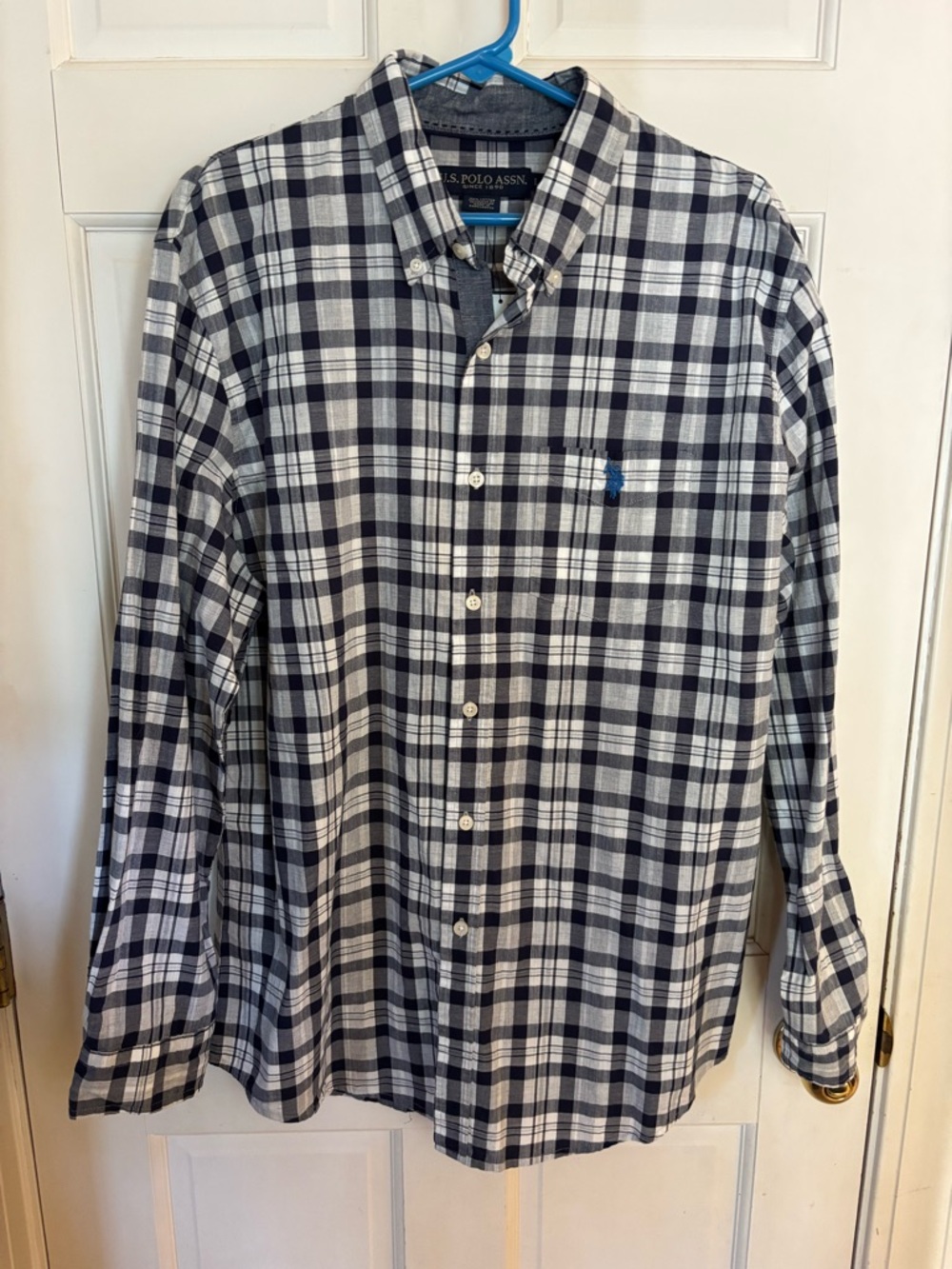 U.S. Polo Assn. Navy and White Plaid Button-Down Shirt with Blue Logo